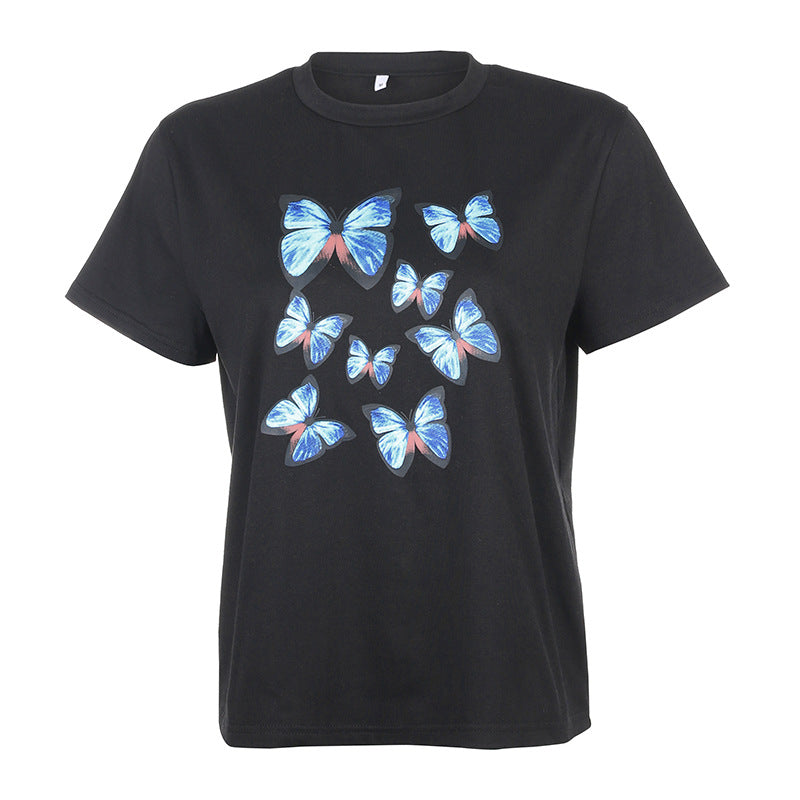 loose thin color butterfly print short-sleeved casual wild top ACTIVEWEAR