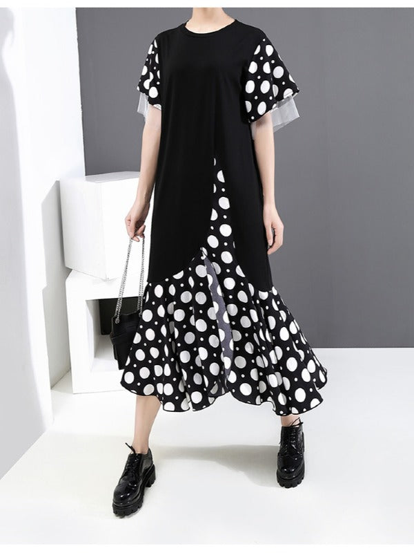 FALSE TWO POLKA-DOT SPLICING FALBALA DRESS