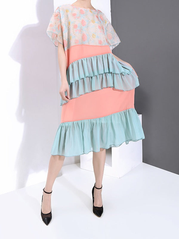 LOOSE CONTRAST COLOR FALBALA ROUND NECK DRESS