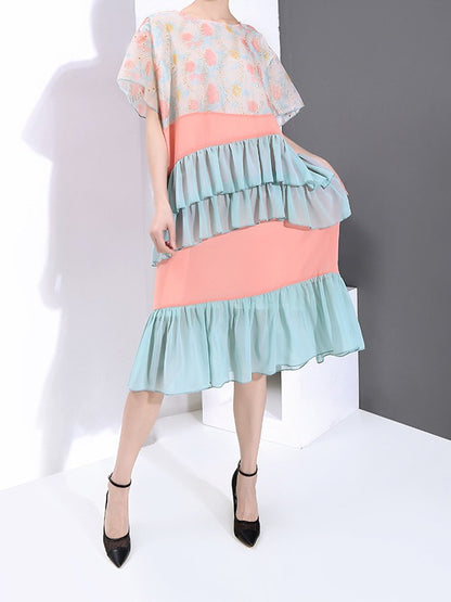 LOOSE CONTRAST COLOR FALBALA ROUND NECK DRESS