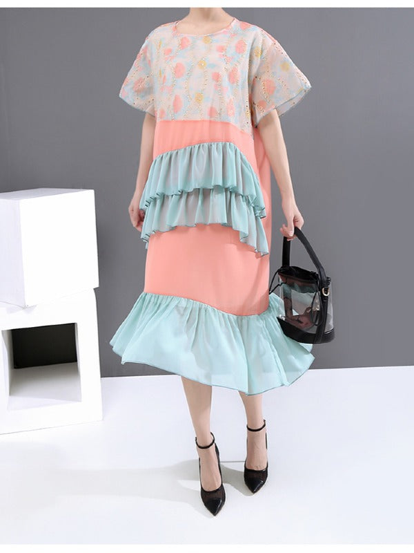 LOOSE CONTRAST COLOR FALBALA ROUND NECK DRESS