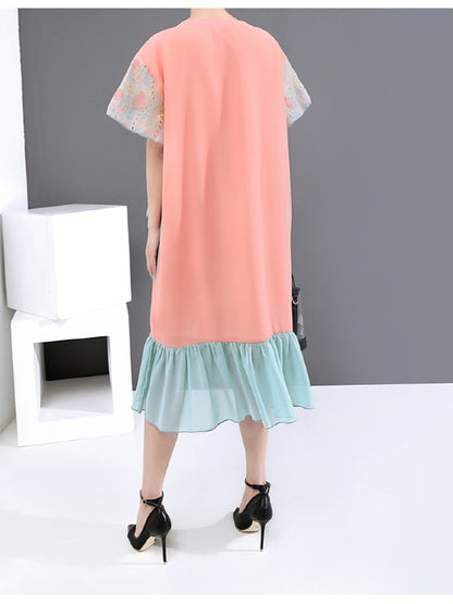 LOOSE CONTRAST COLOR FALBALA ROUND NECK DRESS