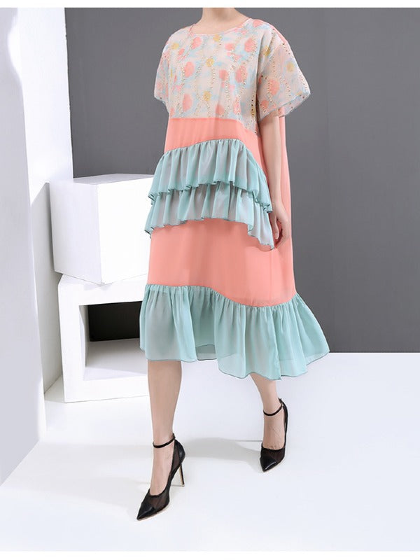 LOOSE CONTRAST COLOR FALBALA ROUND NECK DRESS