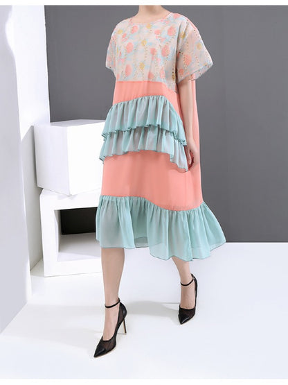 LOOSE CONTRAST COLOR FALBALA ROUND NECK DRESS
