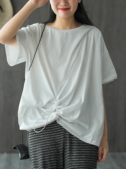 SOLID COLOR SPLICING CROPPED PLEATED T-SHIRT