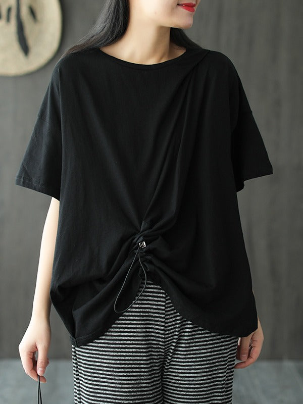 SOLID COLOR SPLICING CROPPED PLEATED T-SHIRT