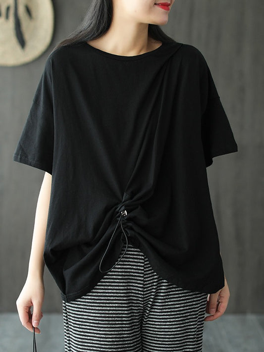 SOLID COLOR SPLICING CROPPED PLEATED T-SHIRT