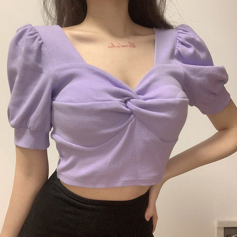 Retro slim puff sleeves T-shirt pleated top ACTIVEWEAR