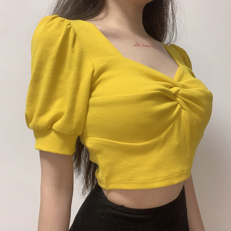 Retro slim puff sleeves T-shirt pleated top ACTIVEWEAR