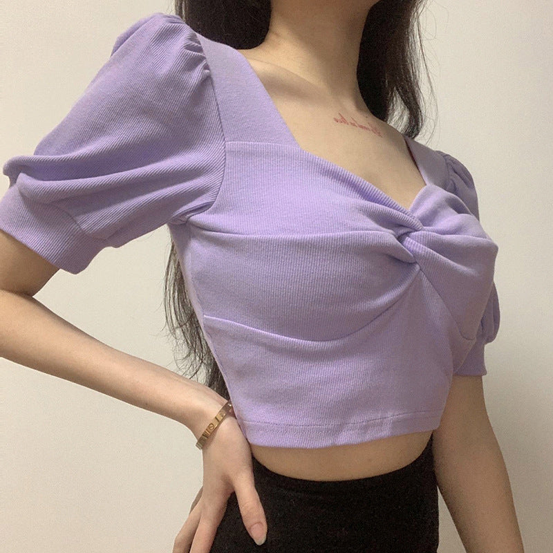 Retro slim puff sleeves T-shirt pleated top ACTIVEWEAR