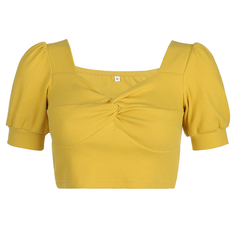 Retro slim puff sleeves T-shirt pleated top ACTIVEWEAR
