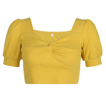 Retro slim puff sleeves T-shirt pleated top ACTIVEWEAR