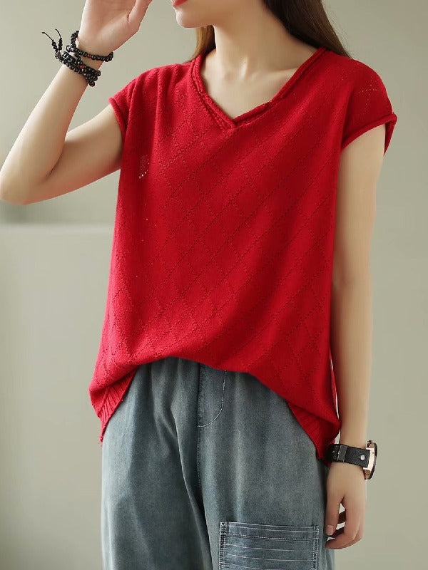 SOLID KNITTING RHOMBUS V-NECK T-SHIRT