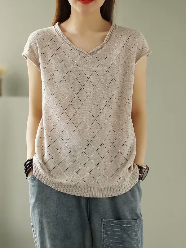 SOLID KNITTING RHOMBUS V-NECK T-SHIRT