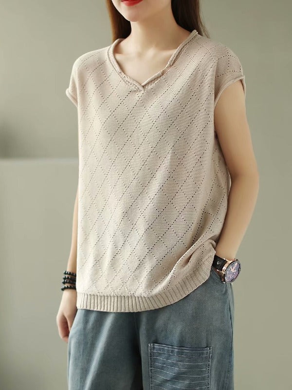SOLID KNITTING RHOMBUS V-NECK T-SHIRT