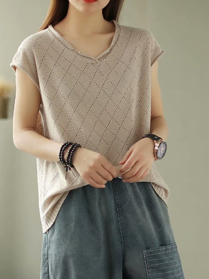 SOLID KNITTING RHOMBUS V-NECK T-SHIRT