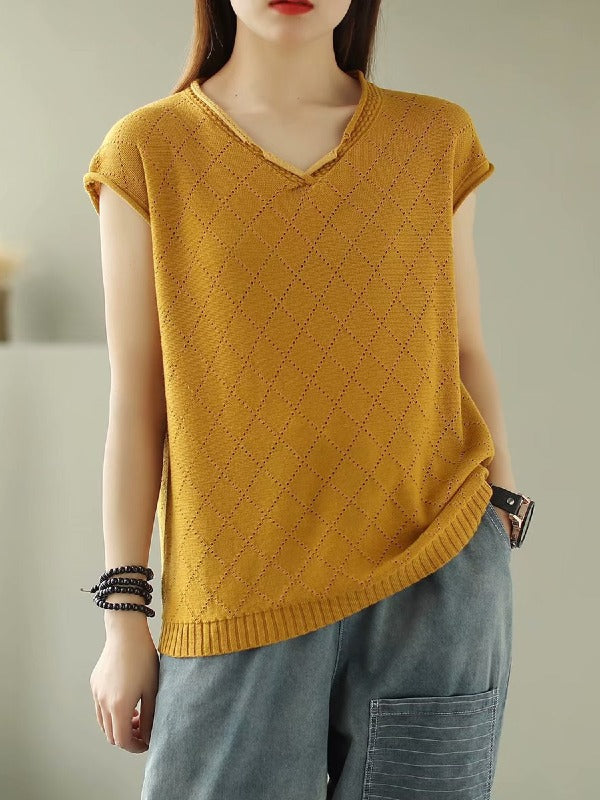 SOLID KNITTING RHOMBUS V-NECK T-SHIRT