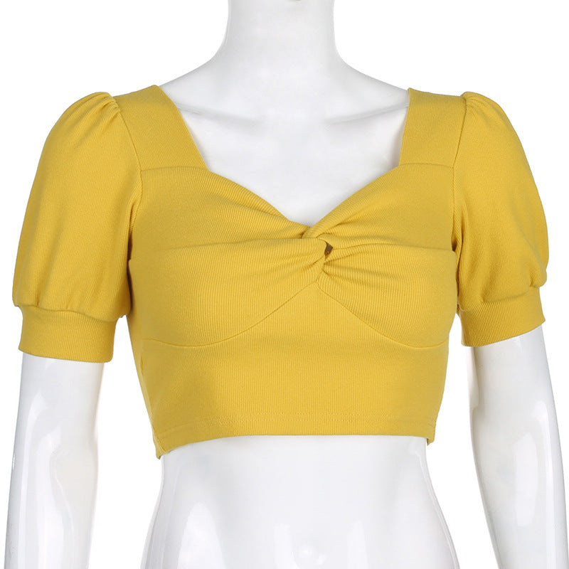 Retro slim puff sleeves T-shirt pleated top ACTIVEWEAR