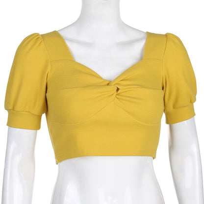Retro slim puff sleeves T-shirt pleated top ACTIVEWEAR