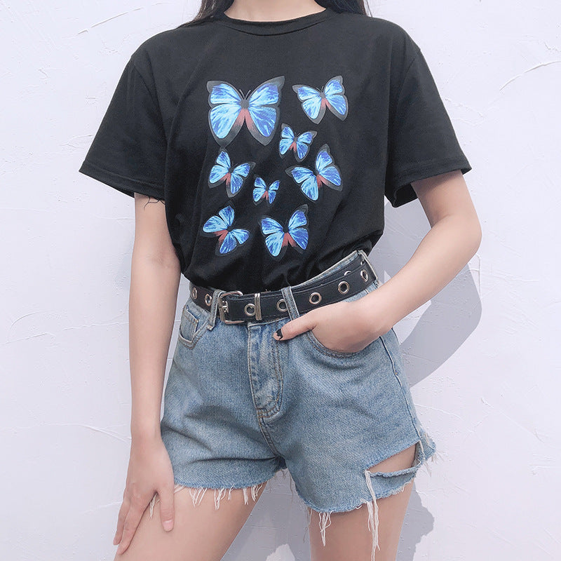 loose thin color butterfly print short-sleeved casual wild top ACTIVEWEAR