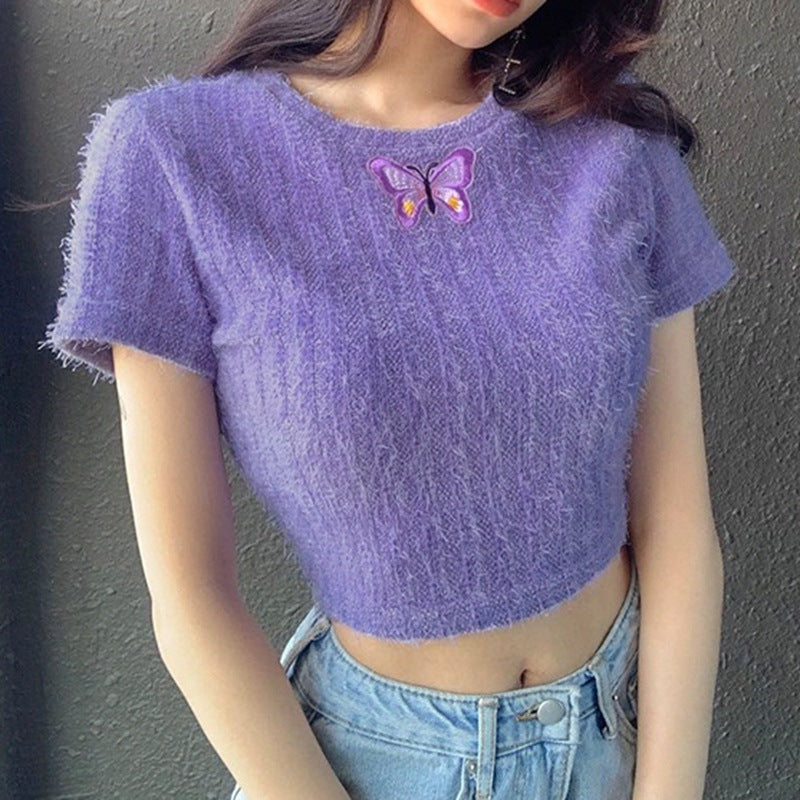 Sexy tight-fitting waist embroidered short embroidered T-shirt ACTIVEWEAR