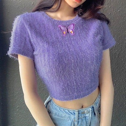 Sexy tight-fitting waist embroidered short embroidered T-shirt ACTIVEWEAR
