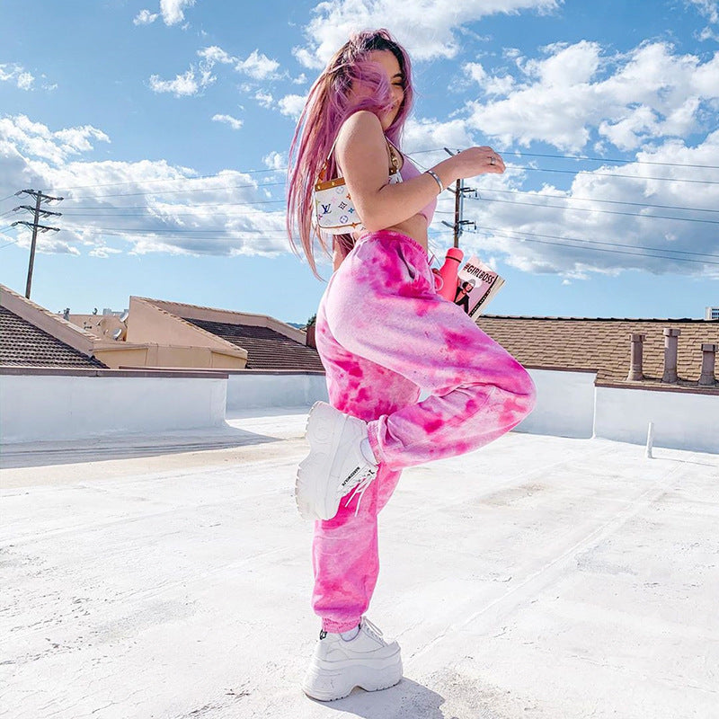 Elastic High Waist Tie-Dye Rainbow Slim Pants ACTIVEWEAR