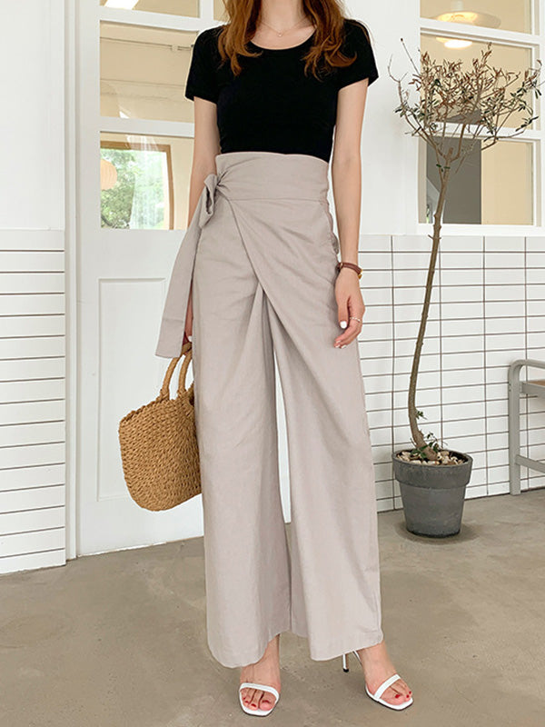 Simple 9 Colors Ramie Cotton Tied High-Waisted Pants