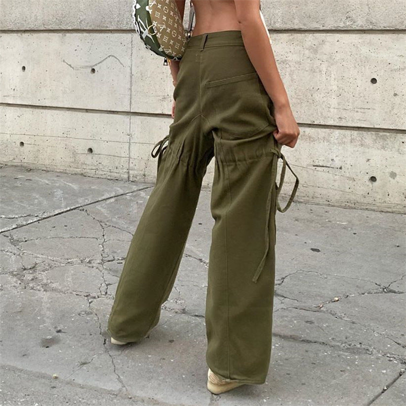 High waist shot irregular drawstring loose thin straight casual pants ACTIVEWEAR