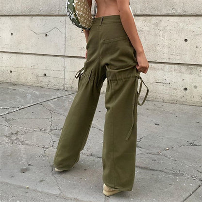 High waist shot irregular drawstring loose thin straight casual pants ACTIVEWEAR
