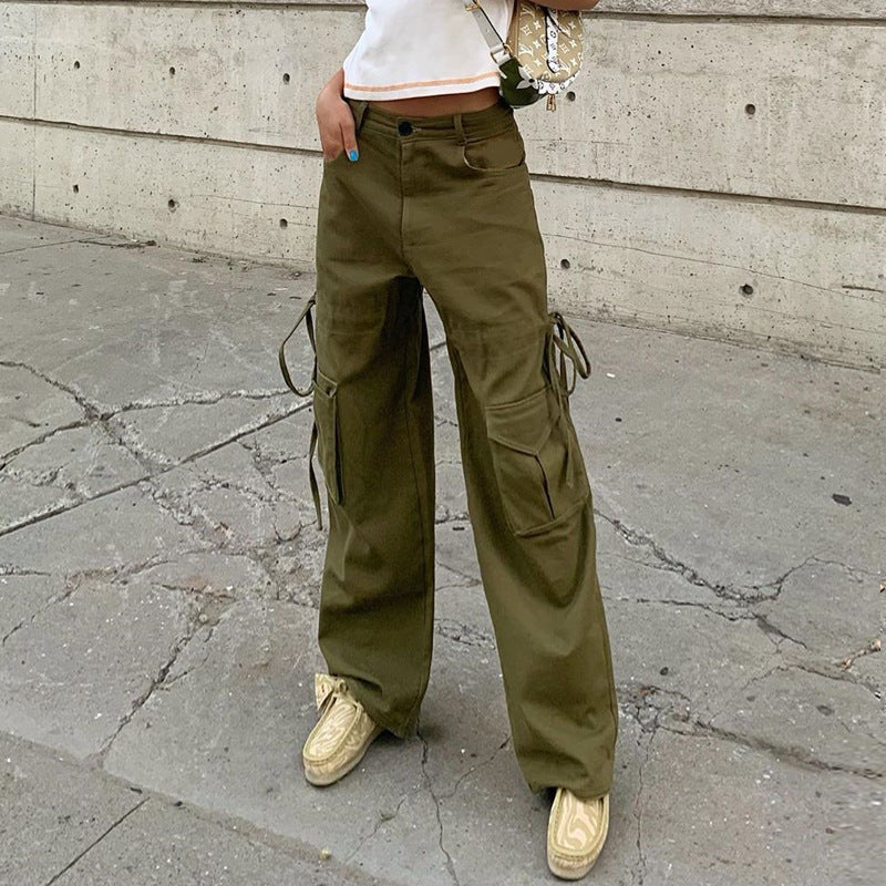 High waist shot irregular drawstring loose thin straight casual pants ACTIVEWEAR