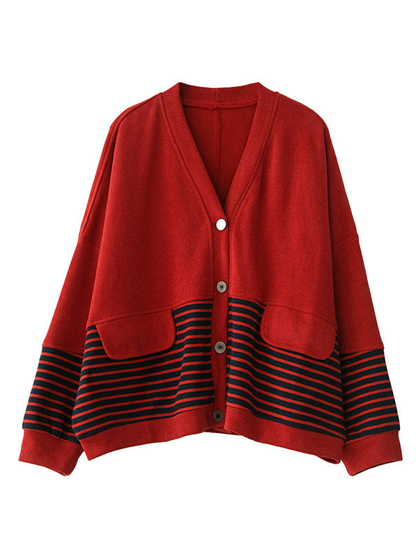 Casual Striped Buttoned V-Neck Batwing Sleeve Outerwear