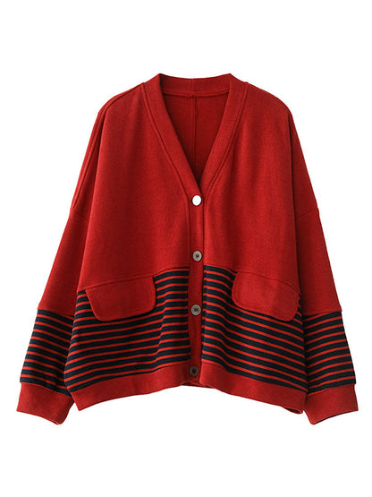 Casual Striped Buttoned V-Neck Batwing Sleeve Outerwear
