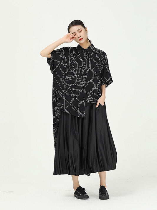 GEOMETRIC PRINT CROPPED SPLICING CHIFFON SHIRT