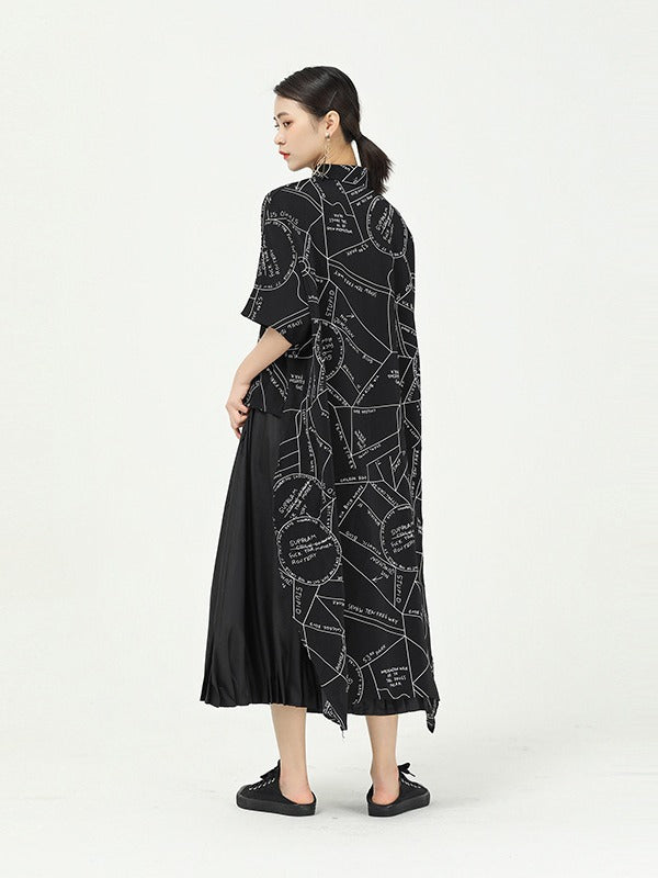 GEOMETRIC PRINT CROPPED SPLICING CHIFFON SHIRT