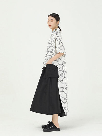 GEOMETRIC PRINT CROPPED SPLICING CHIFFON SHIRT