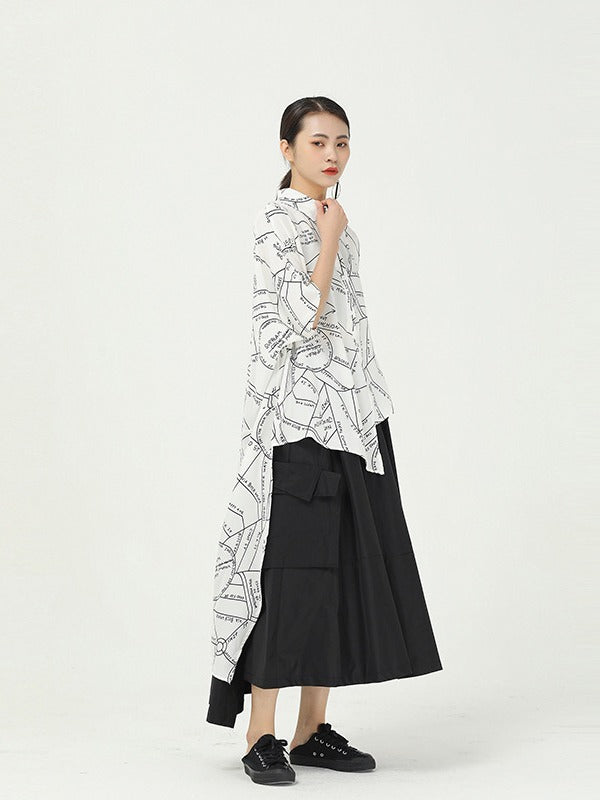 GEOMETRIC PRINT CROPPED SPLICING CHIFFON SHIRT