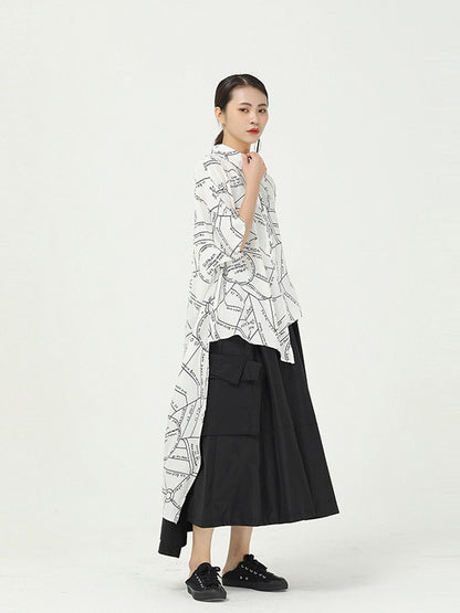 GEOMETRIC PRINT CROPPED SPLICING CHIFFON SHIRT