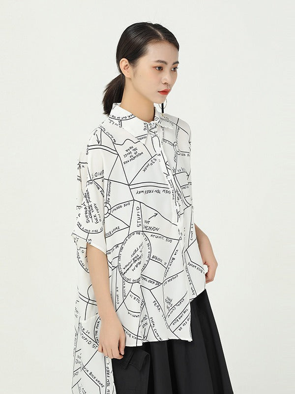 GEOMETRIC PRINT CROPPED SPLICING CHIFFON SHIRT
