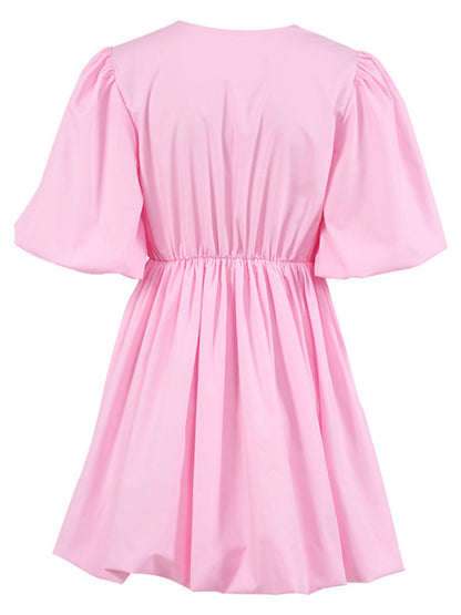 Simple Solid Color Pleated V-Neck Bishop Sleeves  Mini Dress