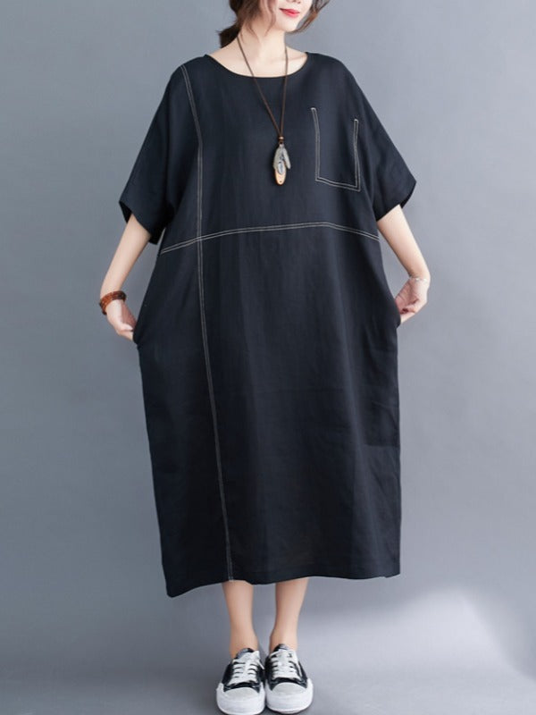 Loose Split-Joint Round-Neck Long Dress