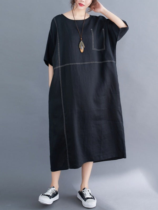 Loose Split-Joint Round-Neck Long Dress