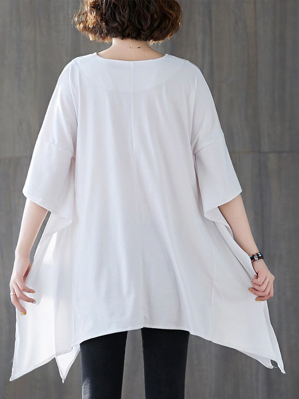 Loose Solid Color Cropped V-Neck Batwing Sleeve T-Shirt