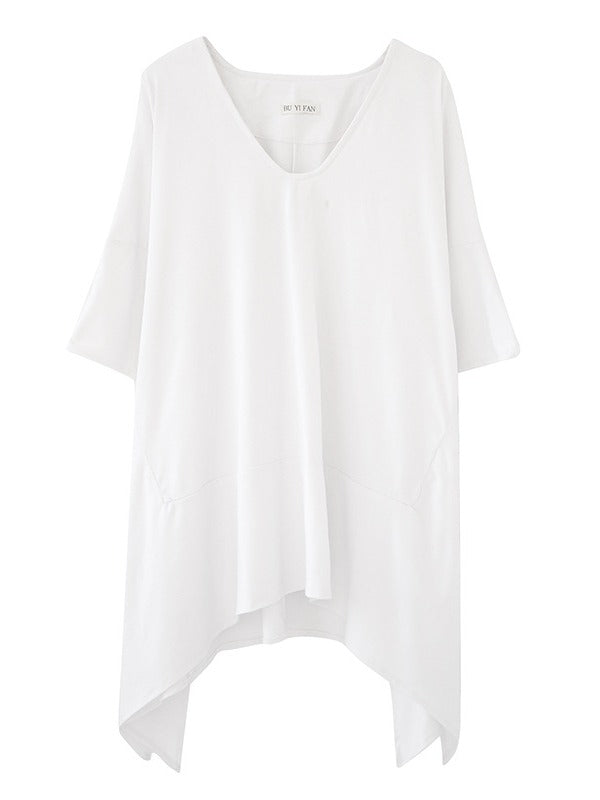 Loose Solid Color Cropped V-Neck Batwing Sleeve T-Shirt