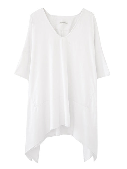 Loose Solid Color Cropped V-Neck Batwing Sleeve T-Shirt