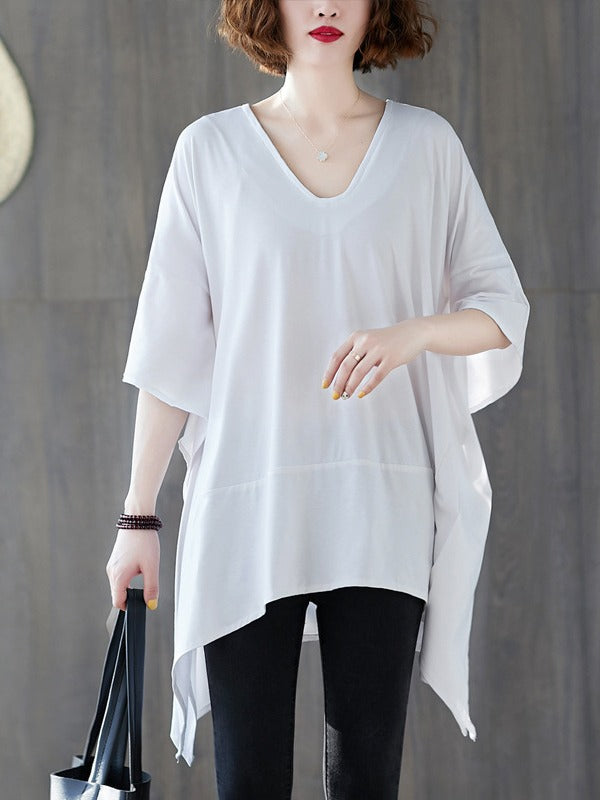 Loose Solid Color Cropped V-Neck Batwing Sleeve T-Shirt