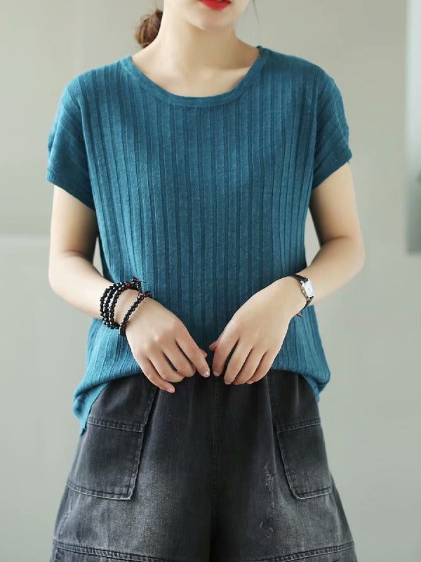 SOLID KNITTING STRIPES ROUND-NECK T-SHIRT