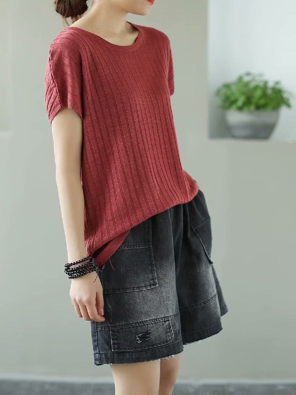 SOLID KNITTING STRIPES ROUND-NECK T-SHIRT