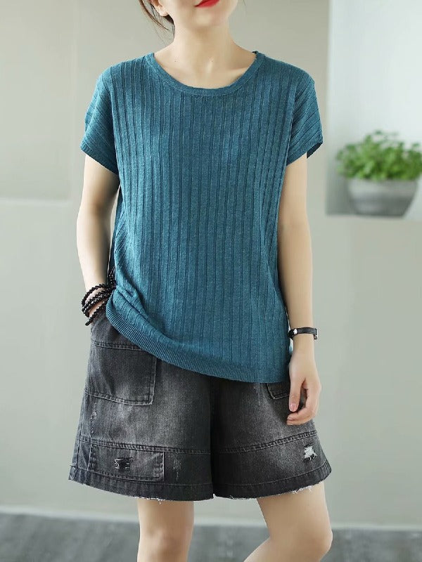 SOLID KNITTING STRIPES ROUND-NECK T-SHIRT