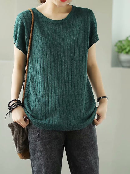 SOLID KNITTING STRIPES ROUND-NECK T-SHIRT